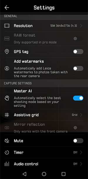 The Huawei P20 Pro camera settings. The Huawei P20 Pro camera settings.