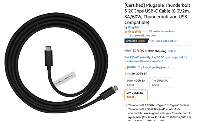 Here is an example of a certified passive Plugable cable up to 2 meters long. The speed here is not more than 20 Gb/s. Here is an example of a certified passive Plugable cable up to 2 meters long. The speed here is not more than 20 Gb/s.
